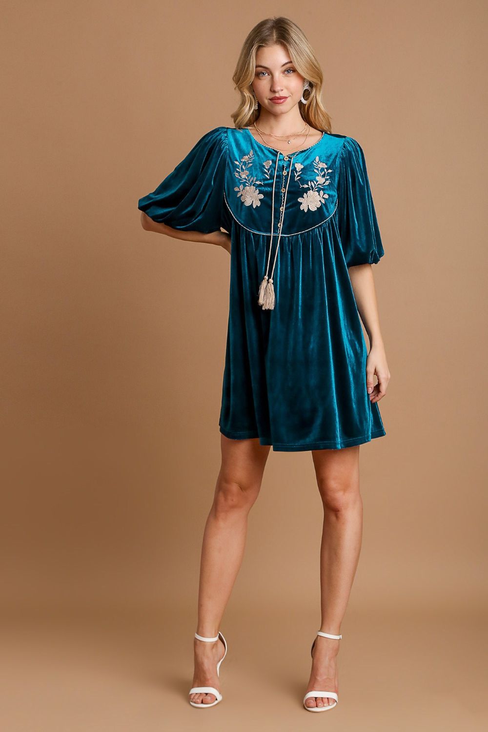 Umgee Embroidered Half Sleeve Velvet Mini Dress with Tassel - SaltTree