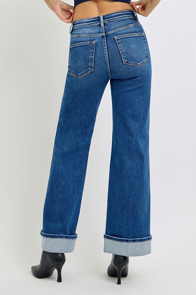 Risen Jeans - Tummy Control High Rise Cuffed Wide Jeans - PW21046 - SaltTree