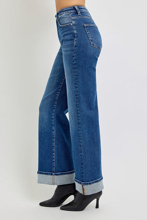 Risen Jeans - Tummy Control High Rise Cuffed Wide Jeans - PW21046