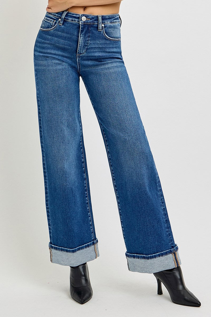 Risen Jeans - Tummy Control High Rise Cuffed Wide Jeans - PW21046 - SaltTree
