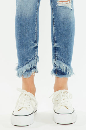 Kancan - Women's Mid-Rise Ankle Skinny Jeans with Desturction Detailing & Frayed Hem - kc6204