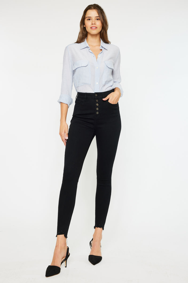 High fashion rise button fly black jeans