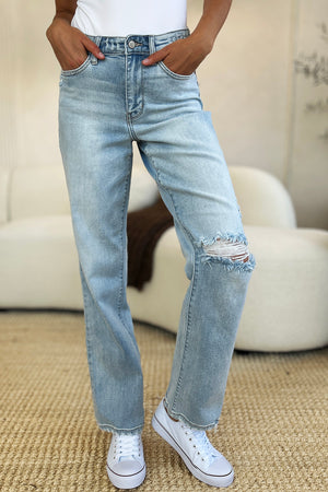 Judy Blue Full Size High Waist Distressed Straight Jeans - SaltTree