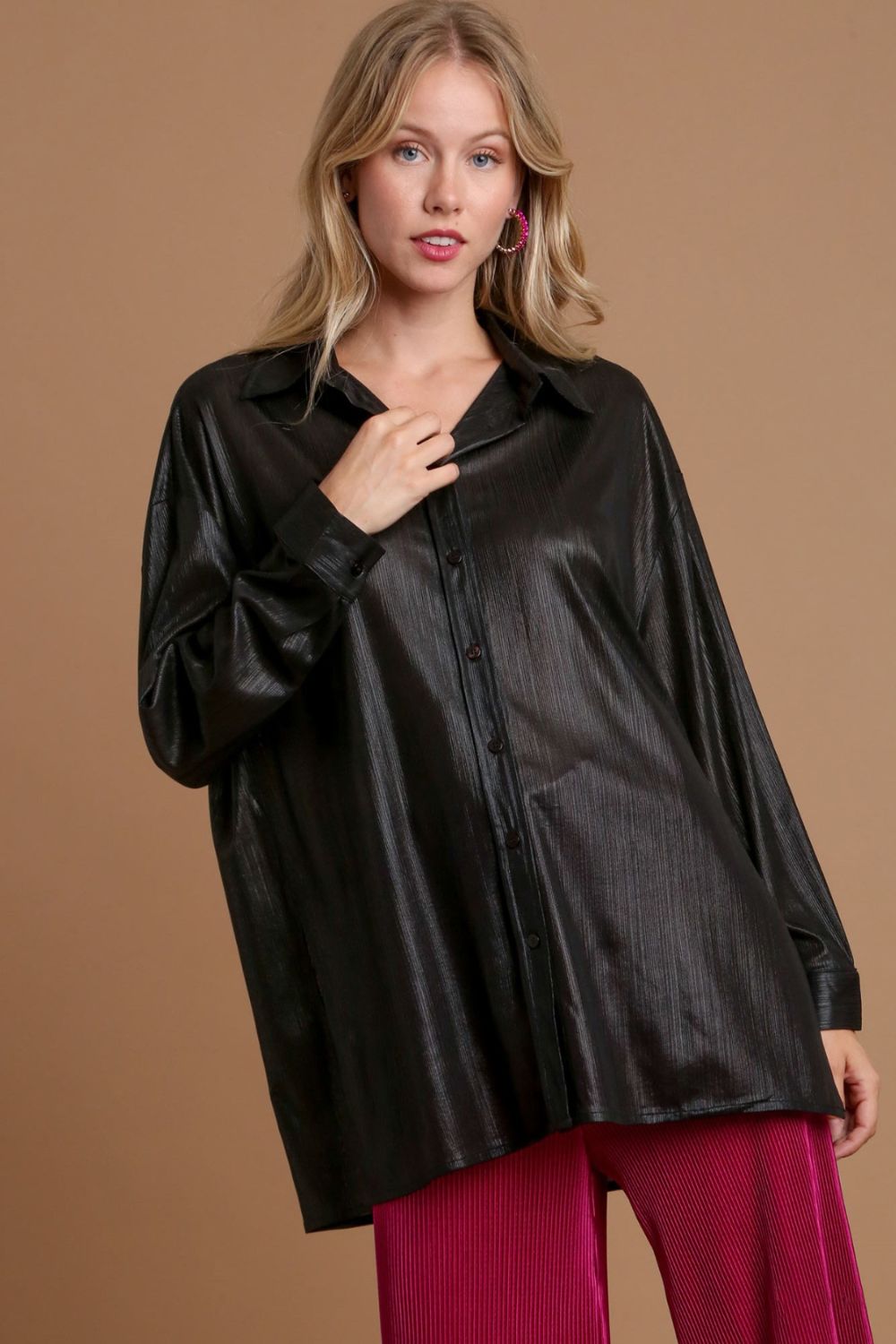 Umgee Side Slit Button Up Long Sleeve Shirt - SaltTree