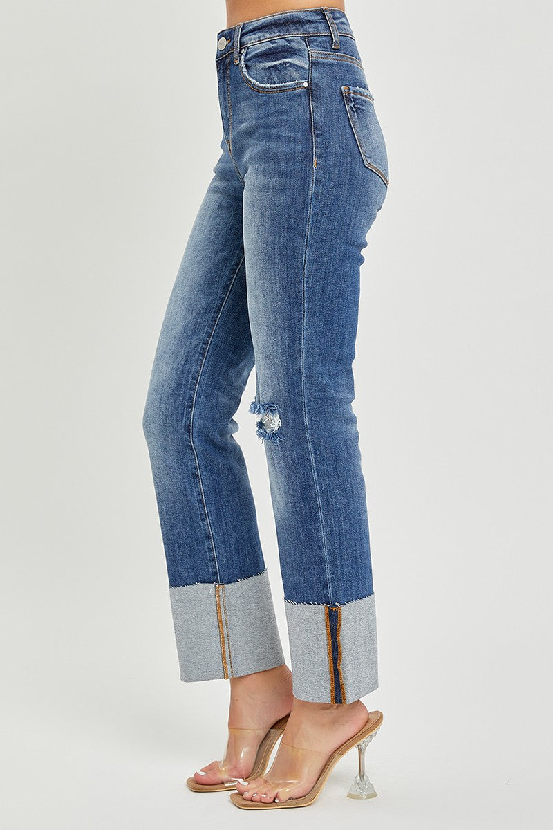 Risen Jeans - High Rise Wide Cuffed Straight Jeans - RDP5484 - SaltTree
