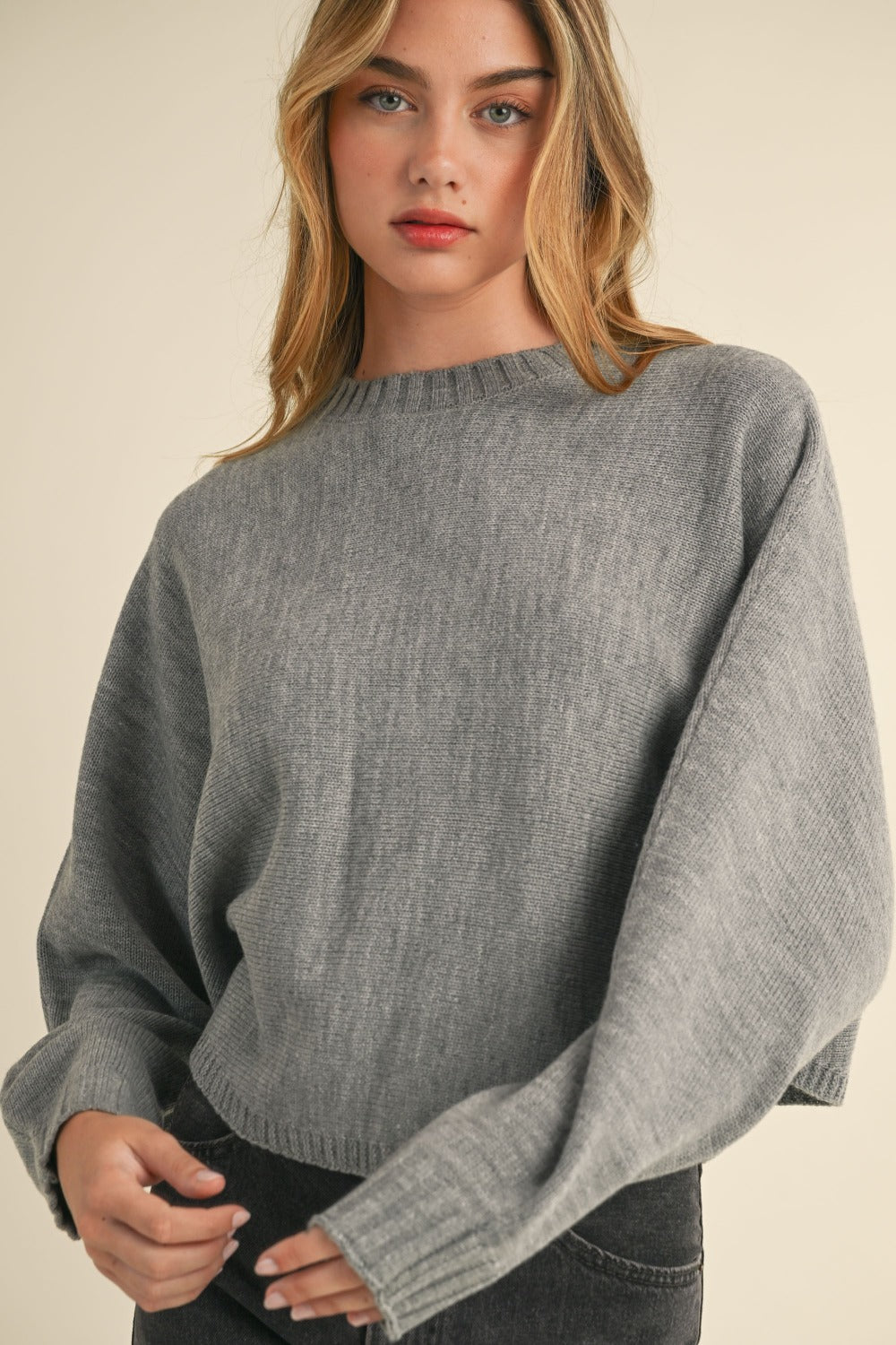 Mable Round Neck Dolman Sleeve Cropped Sweater - SaltTree