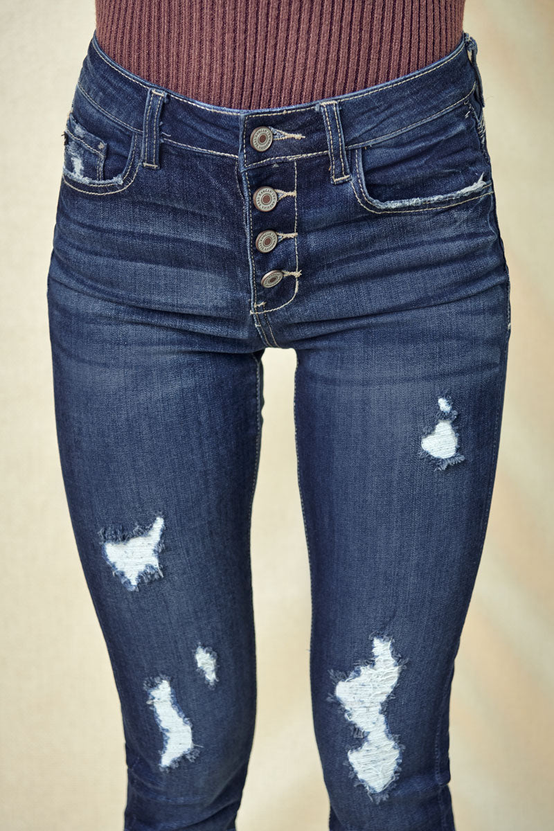 Kancan - Women's Stretchy Five Pocket Distressed High Waist Jeans - ST - SaltTree