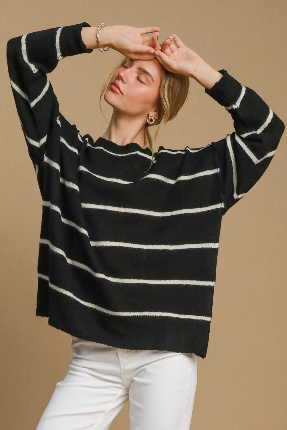 Umgee Wool Blend Striped Round Neck Sweater - SaltTree