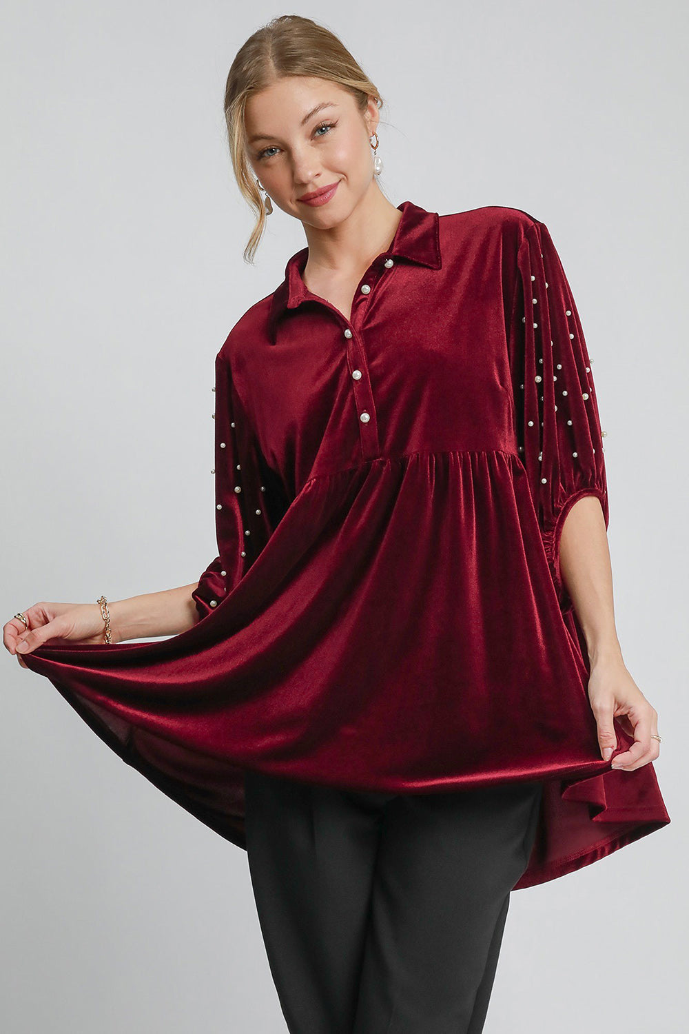Umgee Pearl Detail Collared Neck Velvet Babydoll Blouse - SaltTree