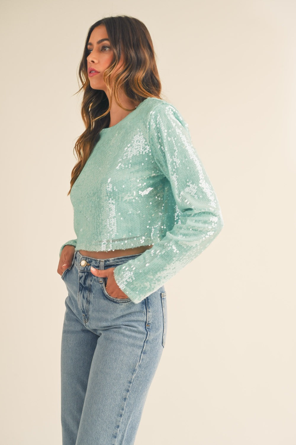 MABLE Shoulder Padded Sequin Crop Top - SaltTree
