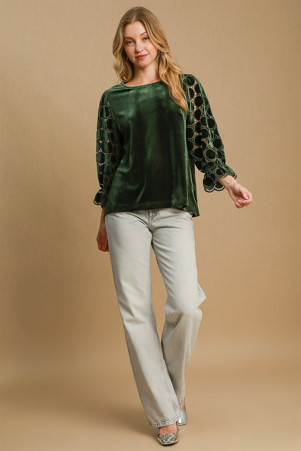 Umgee Polka Dot Lace Long Sleeve Round Neck Blouse - SaltTree