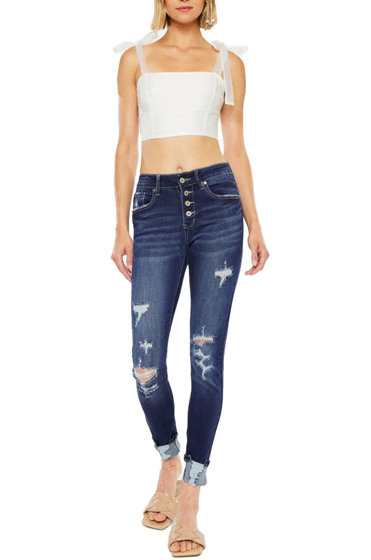 Kancan - Women's Stretchy Five Pocket Distressed High Waist Jeans - kc6192 ST