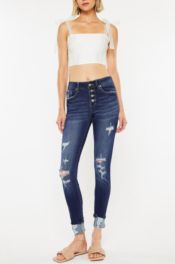 Kancan - Women's Stretchy Five Pocket Distressed High Waist Jeans - kc6192 ST - SaltTree