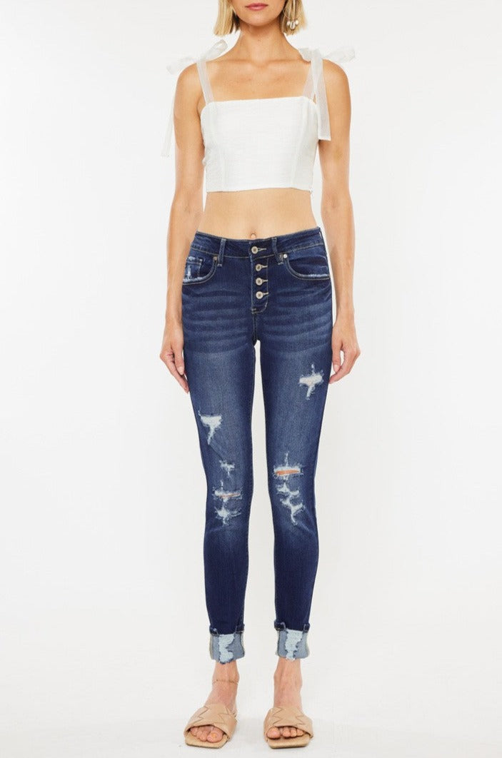 Kancan - Women's Stretchy Five Pocket Distressed High Waist Jeans - kc6192 ST - SaltTree