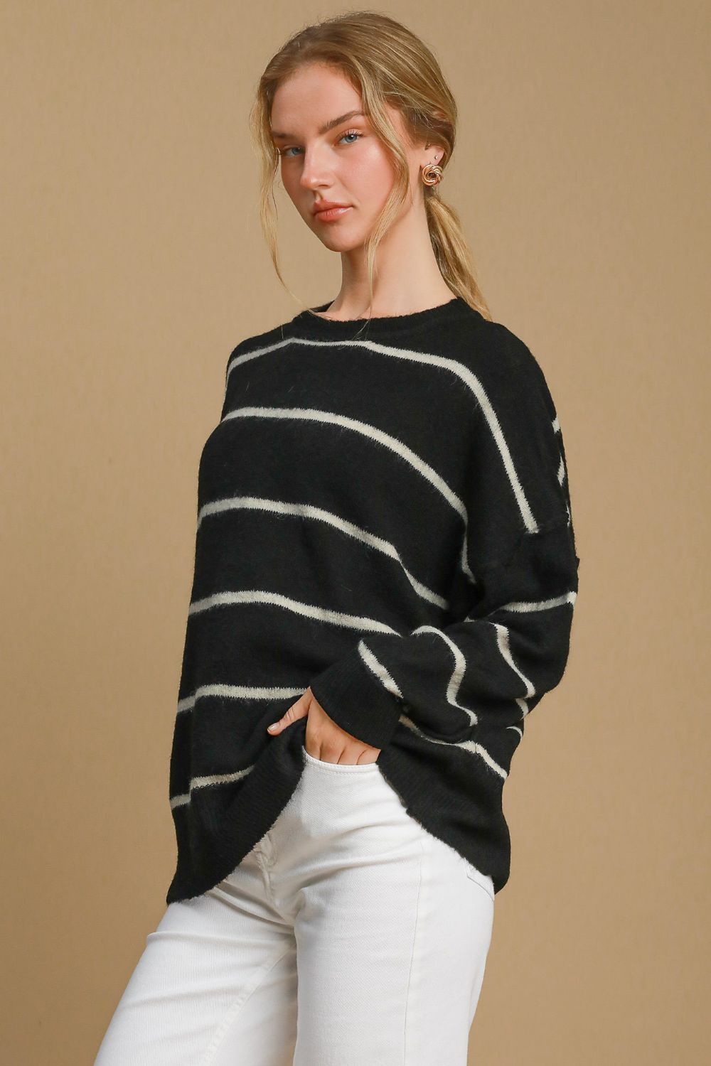 Umgee Wool Blend Striped Round Neck Sweater - SaltTree
