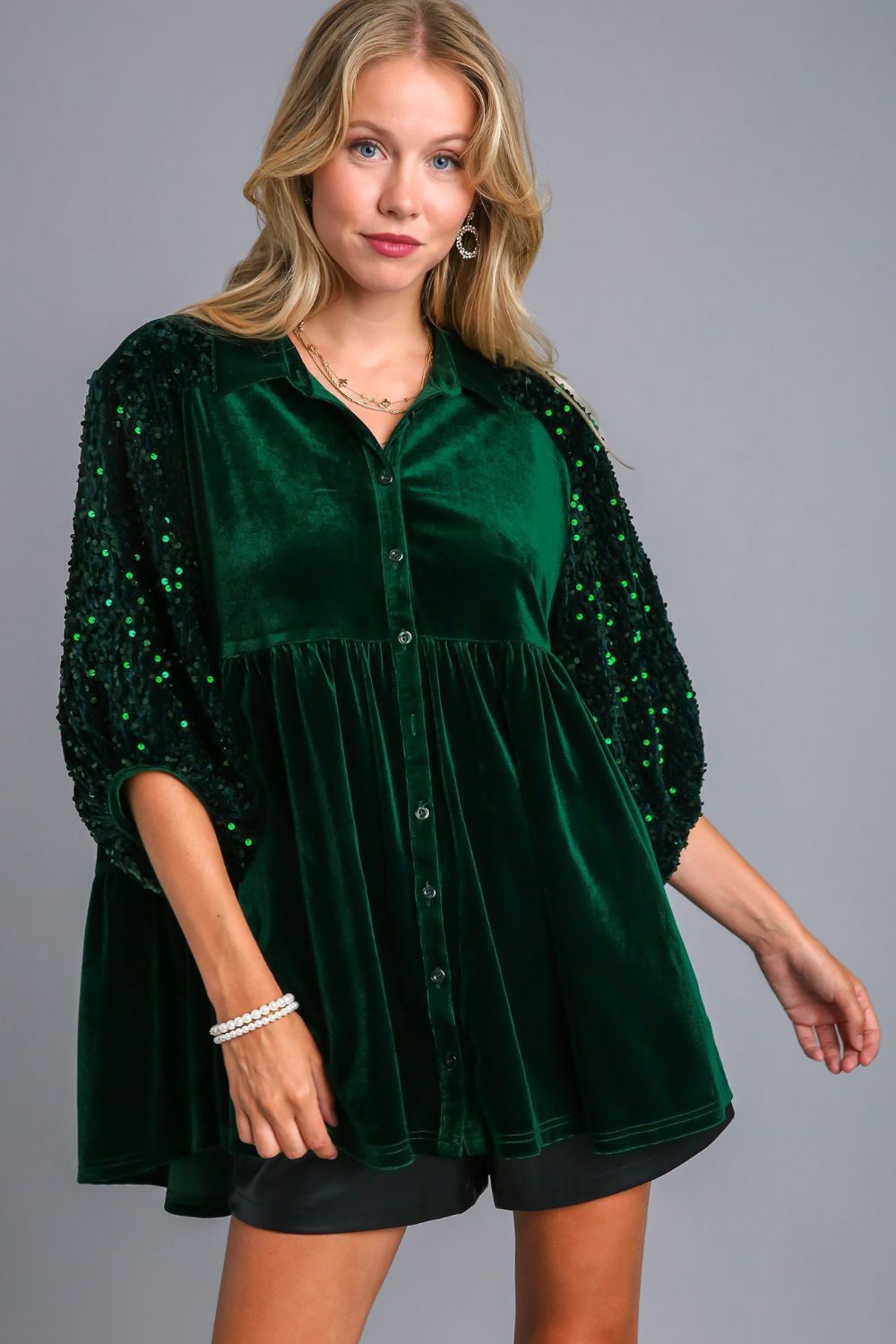 Umgee Sequin Detail Tiered Back Half Sleeve Shirt - SaltTree