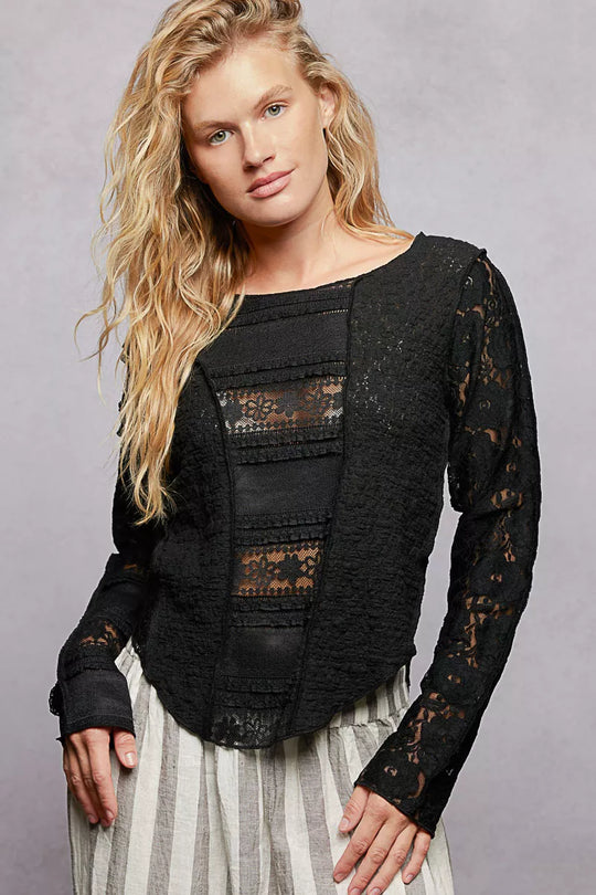 POL Round Neck Long Sleeve Exposed Seam Top with Lace Detail