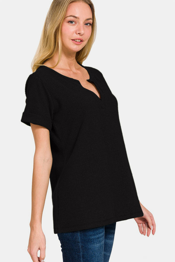 Zenana Notched Short Sleeve Waffle T-Shirt | SaltTree