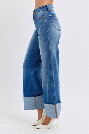 Judy Blue Full Size Distressed High Waist Wide Leg Jeans -82636TD