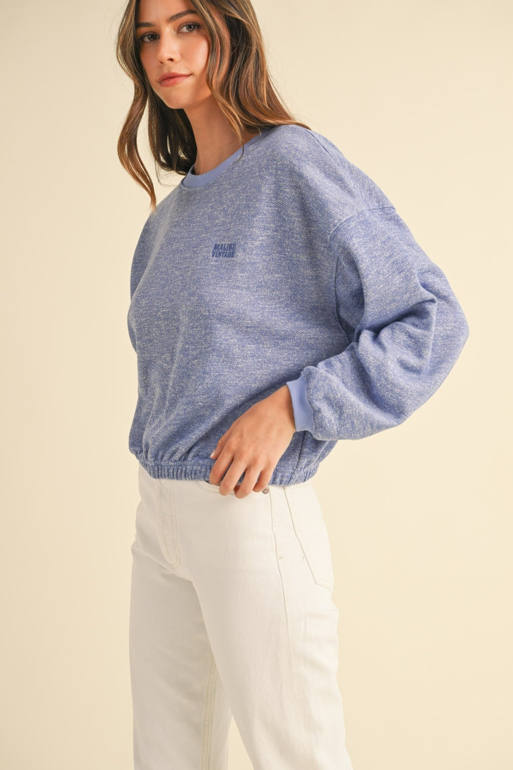 Mable Round Neck Letter Embroidery Crop Sweatshirt - SaltTree