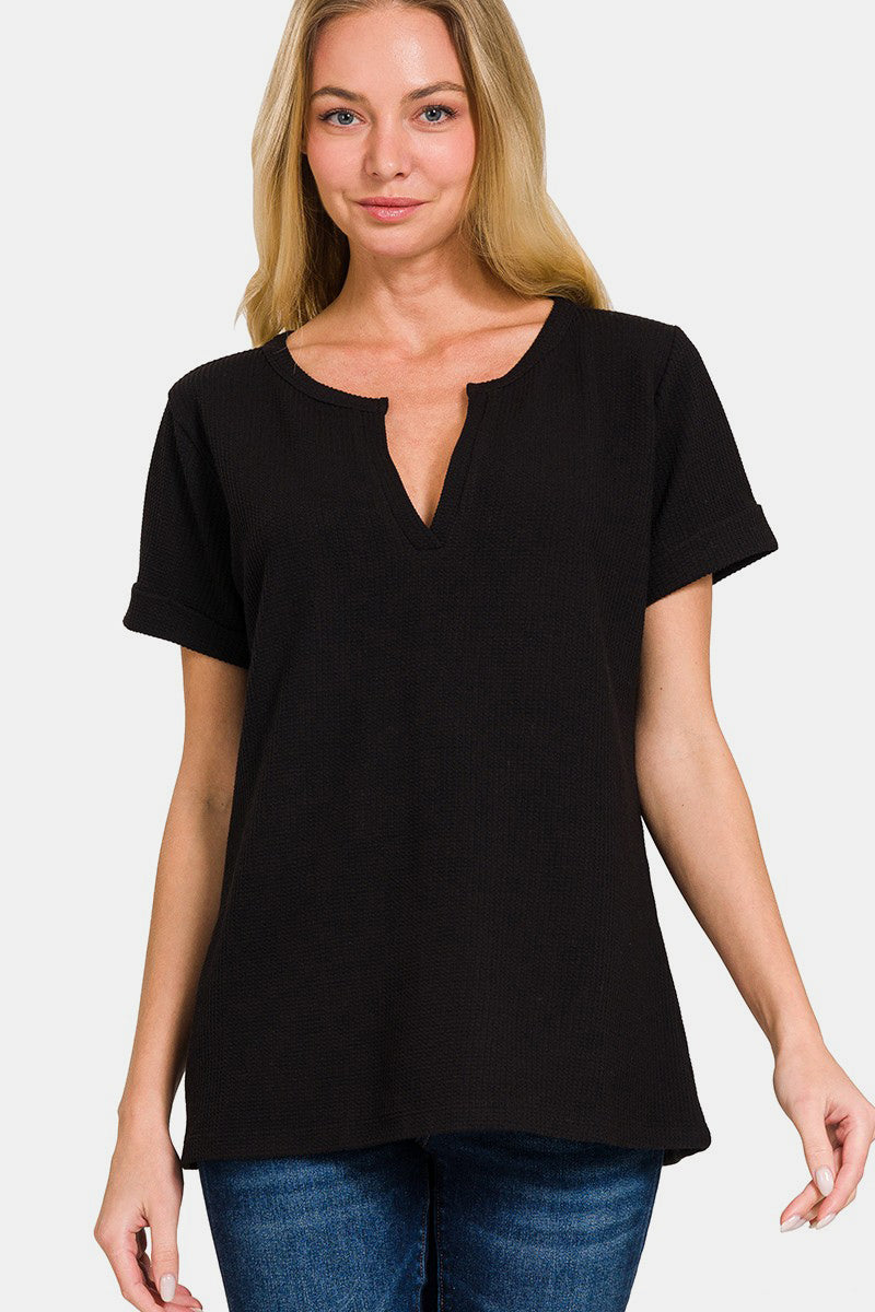 Zenana Notched Short Sleeve Waffle T-Shirt | SaltTree