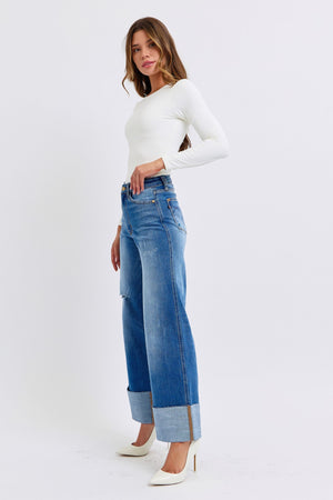 Judy Blue Full Size Distressed High Waist Wide Leg Jeans -82636TD