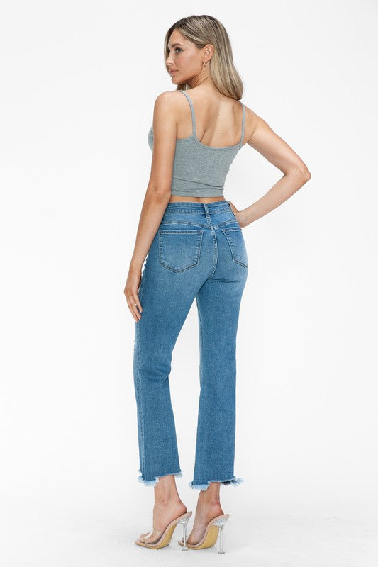 bytos Raw Hem Distressed Mid Rise Crop Jeans - SaltTree