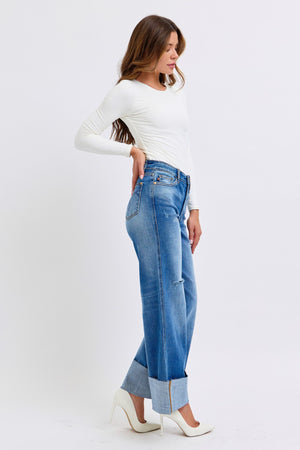 Judy Blue Full Size Distressed High Waist Wide Leg Jeans -82636TD