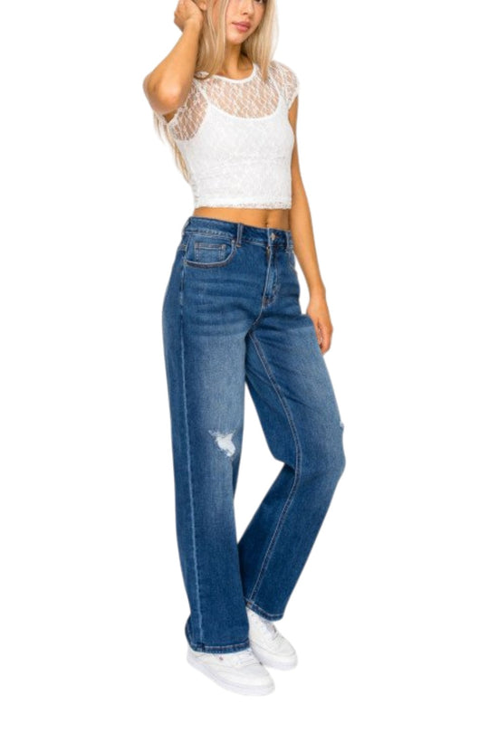Wax Jeans - Women's High Waisted Distressed Straight Leg Denim - 90381