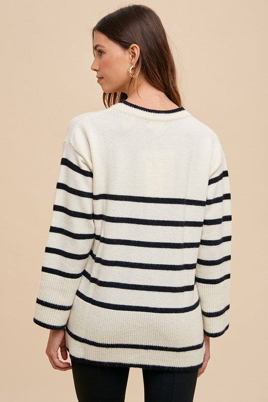Annie Wear Side Slit Striped Round Neck Sweater - SaltTree