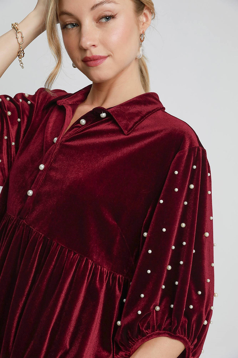 Umgee Pearl Detail Collared Neck Velvet Babydoll Blouse - SaltTree
