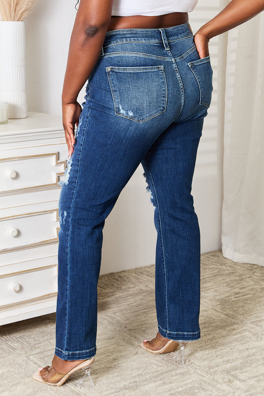 Judy Blue Full Size Mid Rise Hand Sand Destroy Bootcut Jeans SaltTree