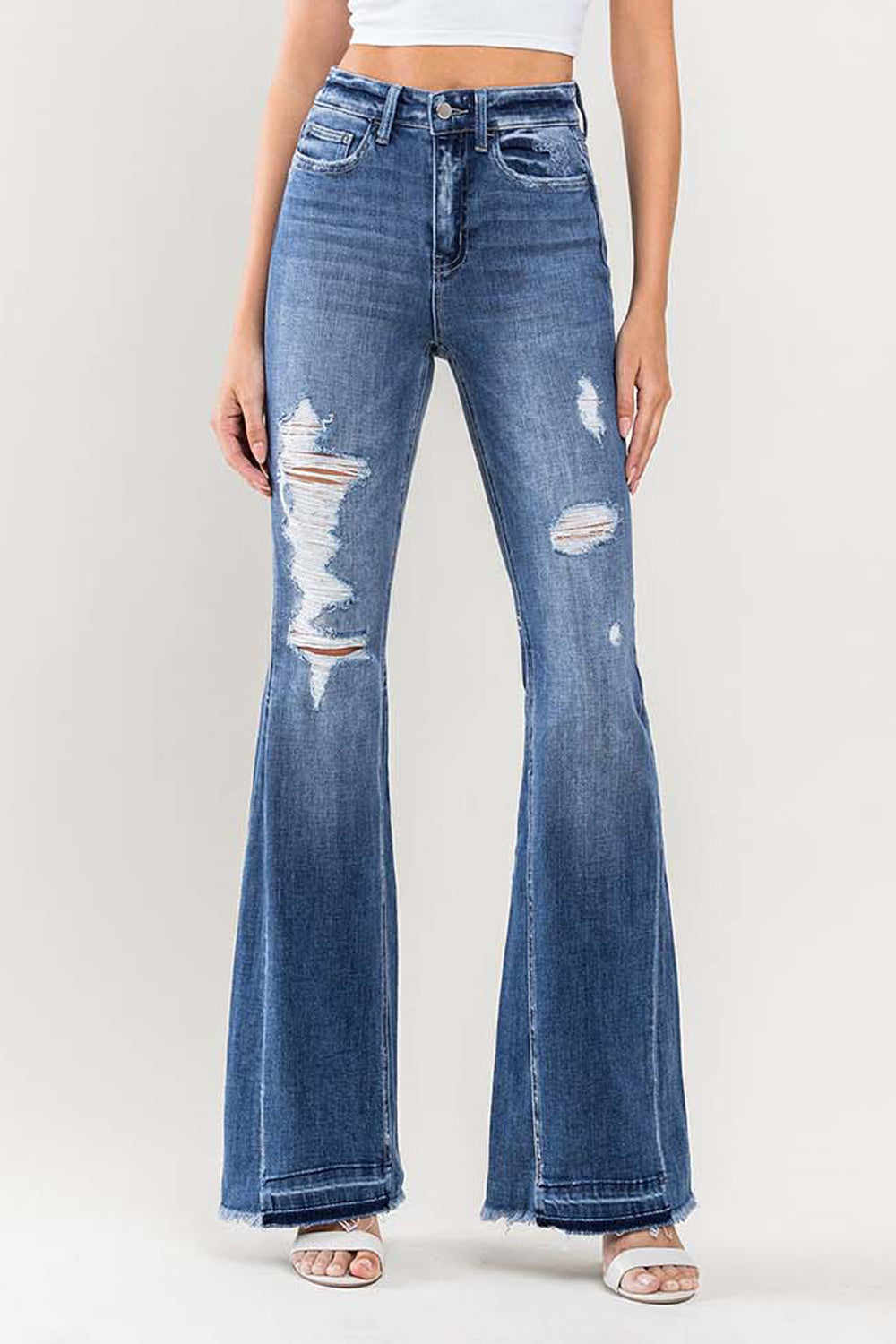 Flying Monkey - Farewell - High Rise Distressed Insert Panel Released Hem Flare Jeans - F4048 - SaltTree