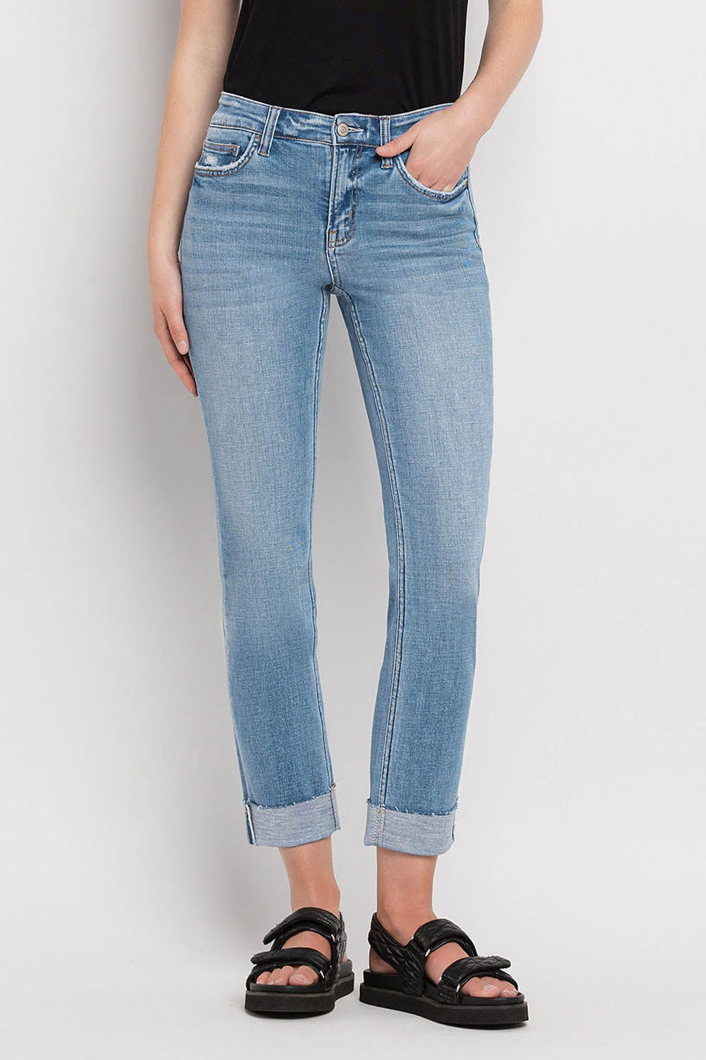 Flying Monkey - Mid Rise Single Cuffed Crop Slim Straight Jean - F4121 - SaltTree
