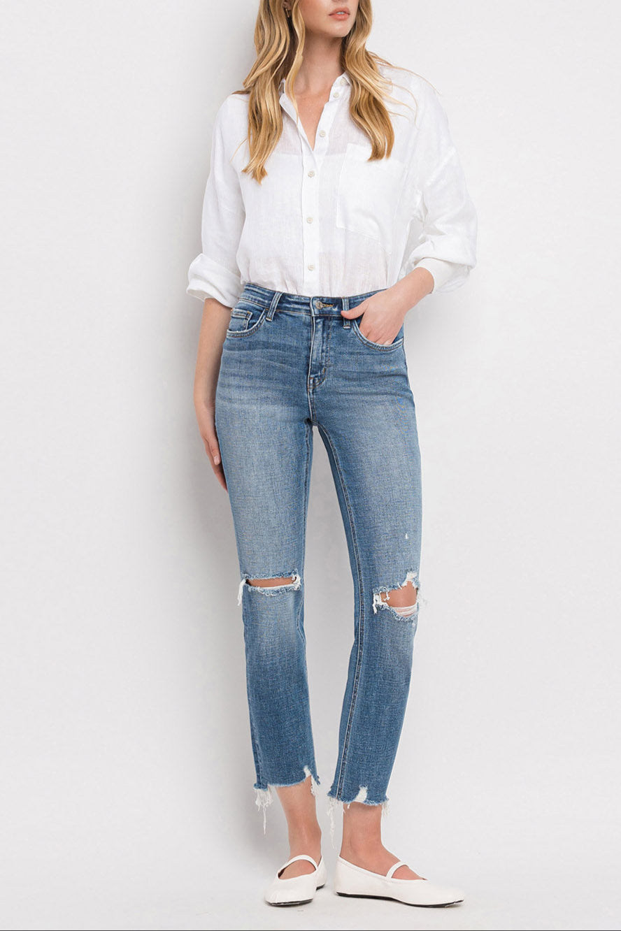 Flying Monkey - Holly - High Rise Distressed Hem Slim Straight Jeans - F5022 - SaltTree