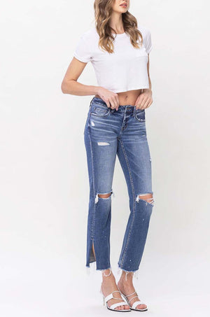 Flying Monkey - Low Rise Distressed Straight Jeans With Paint Speckle Detail / Split Hem - F5218A