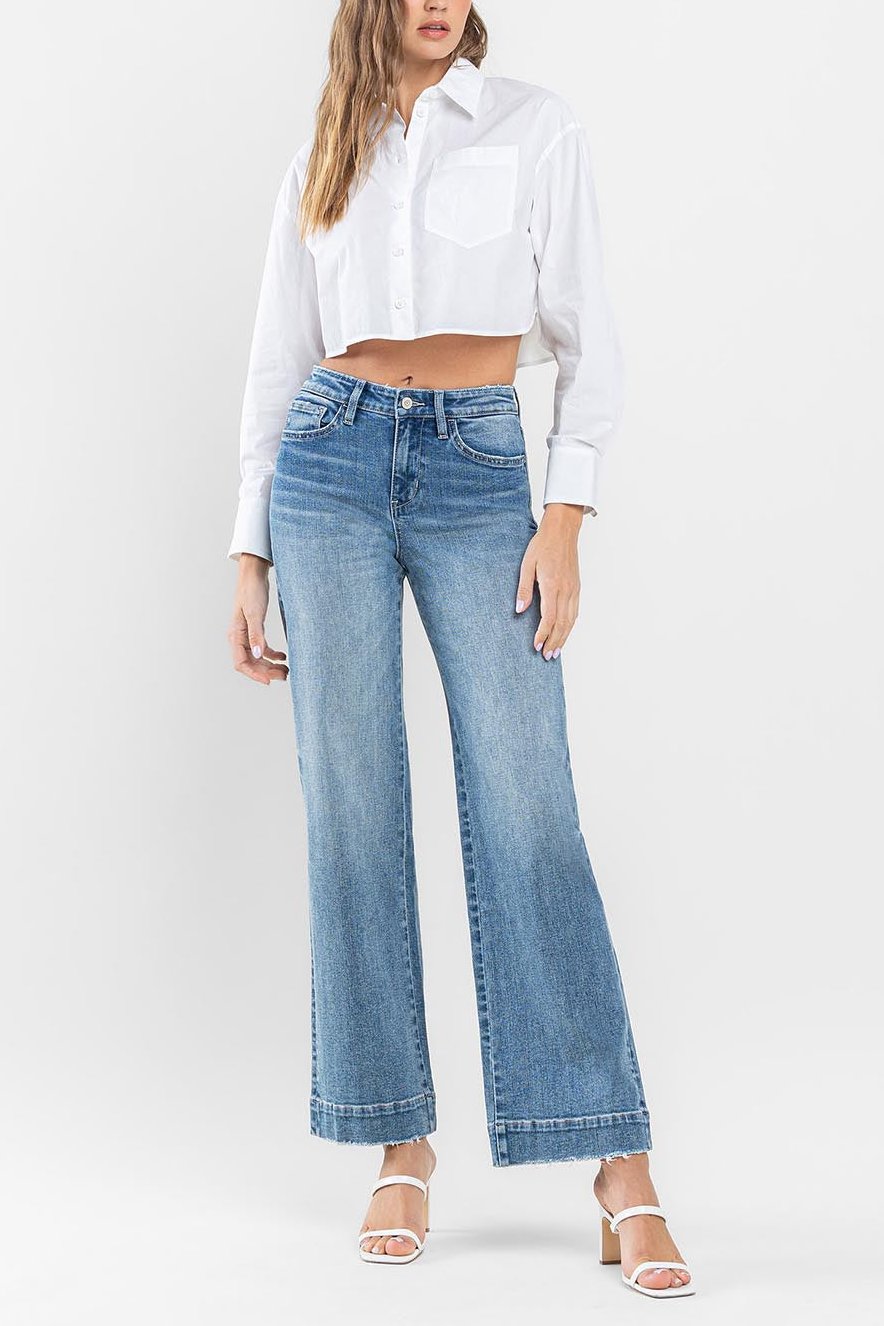 Flying Monkey - High Rise Trouser Hem Wide Leg Jeans - F5391 - SaltTree