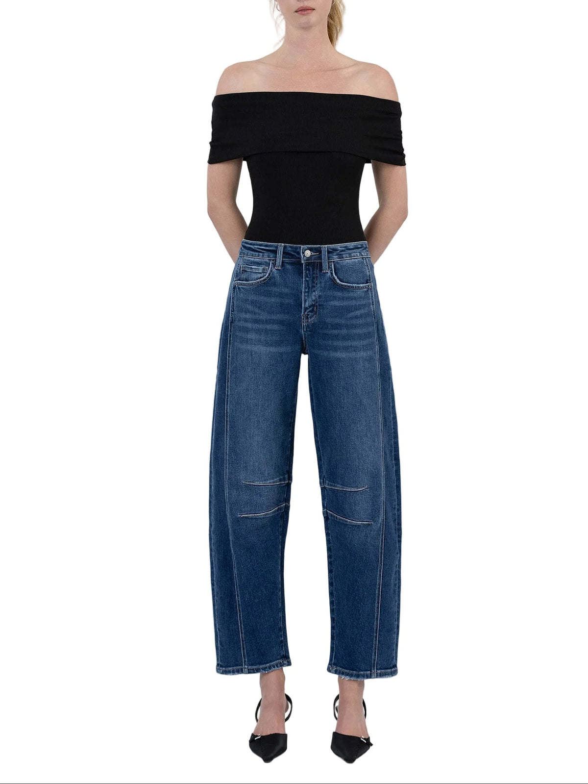 Flying Monkey - High Rise Dark Wash Barrel Leg Jeans (27.5" Inseam) - F5768D-SaltTree