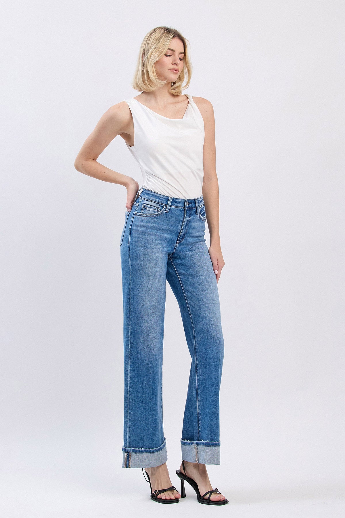 Flying Monkey Jeans - High Rise Cuffed Wide Jeans - F5998 - SaltTree
