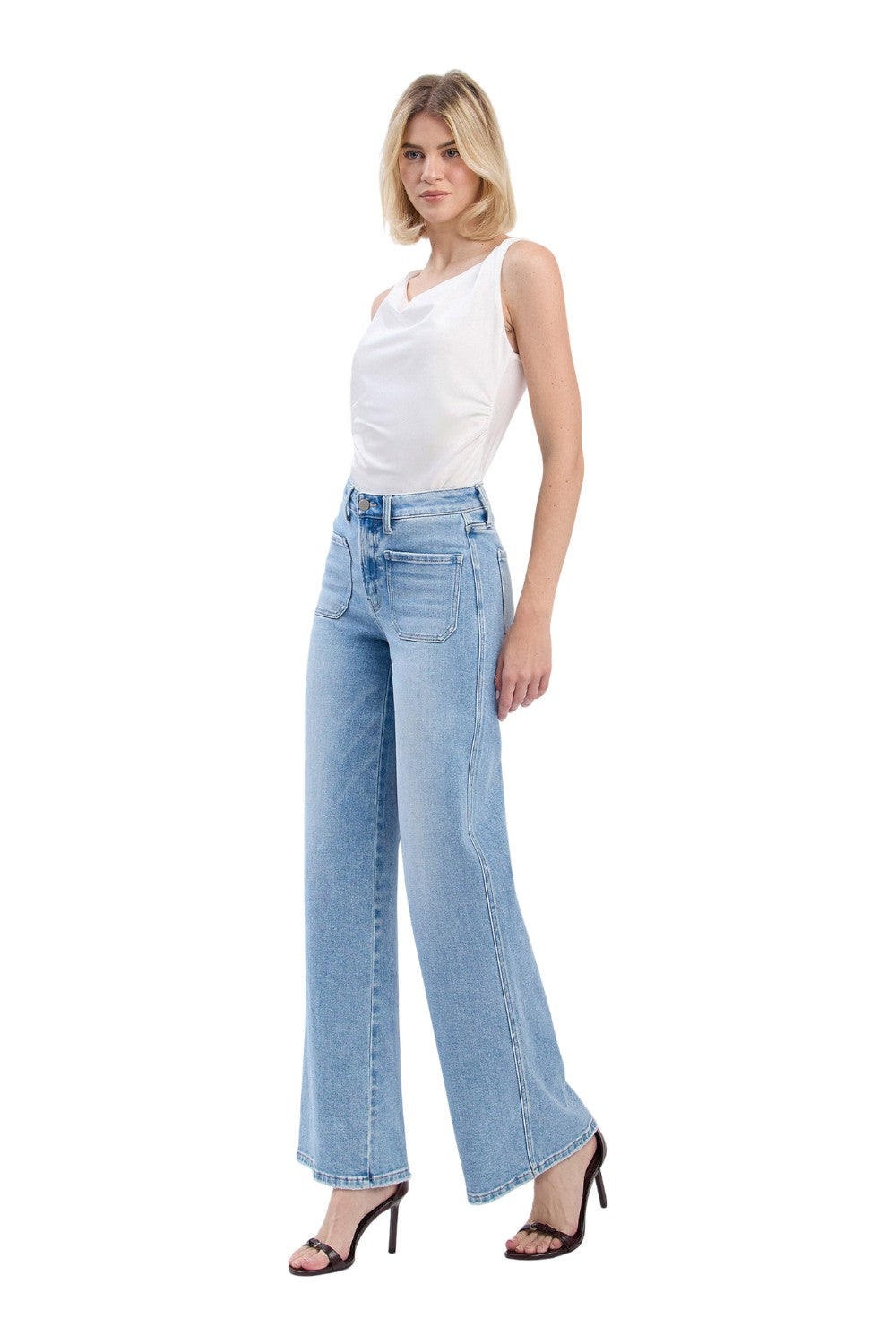 Flying Monkey - High Rise Light Wash Patch Pocket Wide Leg Jeans (33" Inseam) -  F6058