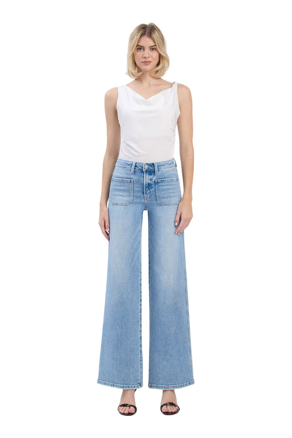 Flying Monkey - High Rise Light Wash Patch Pocket Wide Leg Jeans (33" Inseam) -  F6058