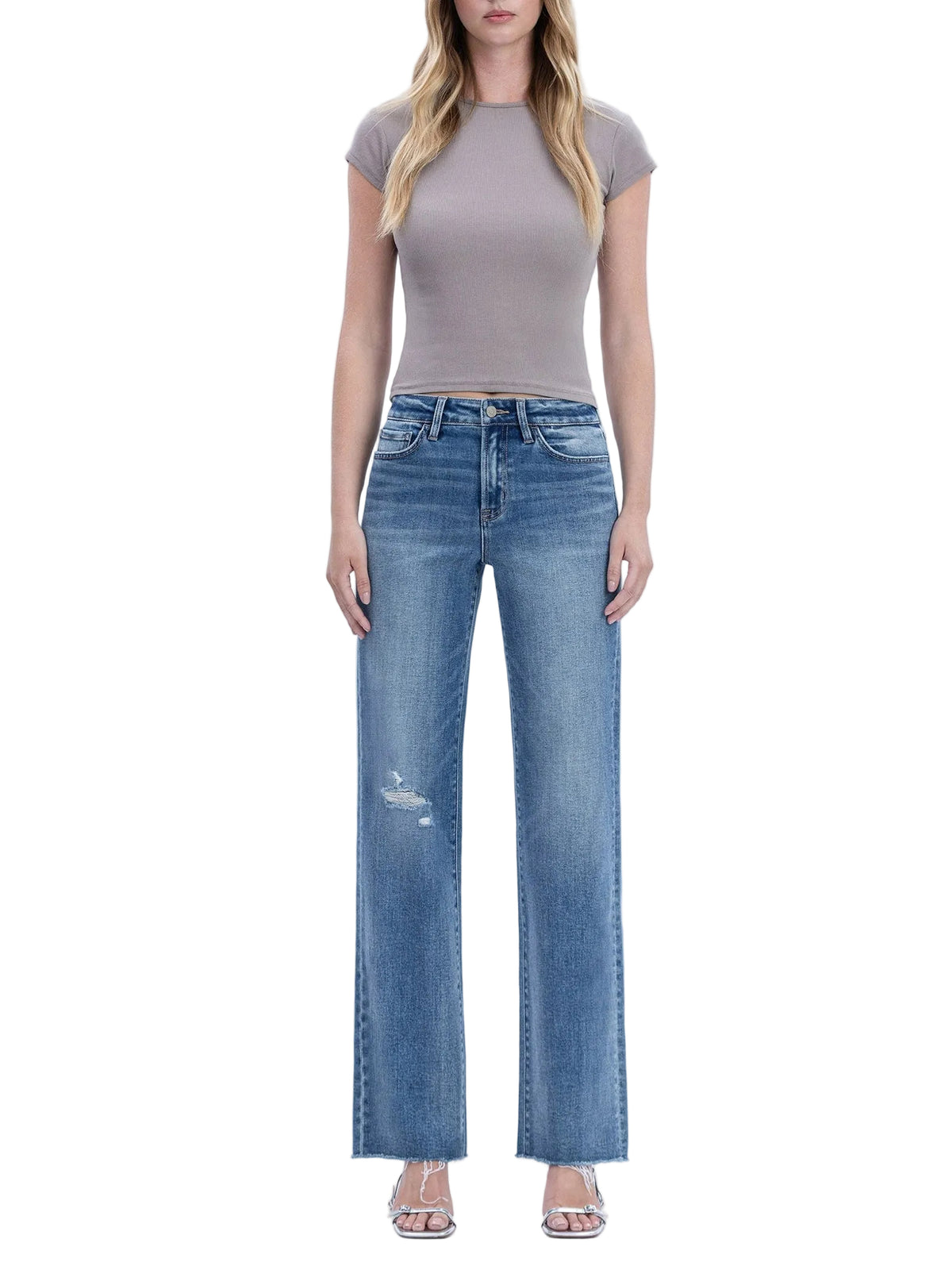 Flying Monkey - High Rise Frayed Hem Slim Wide Jeans (32" Inseam) - F6376-SaltTree