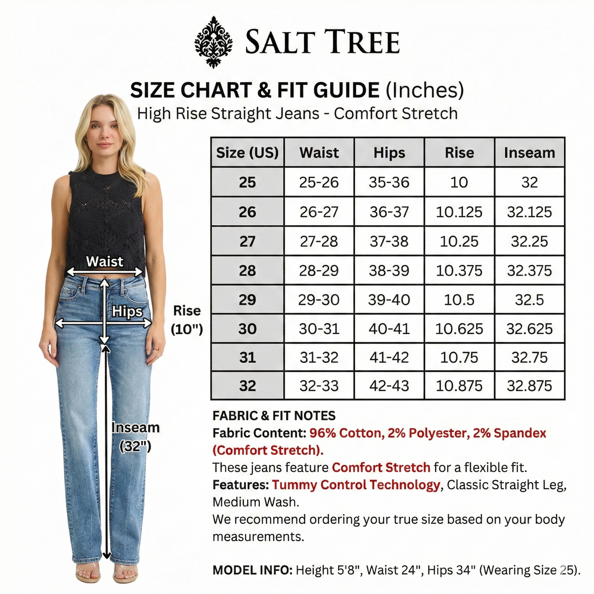 Risen Jeans - Tummy Control High Rise Straight Jeans (32" Inseam) - PS21354-SaltTree