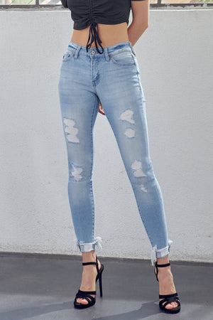 Kancan - Women's Mid-Rise Ankle Skinny Jeans with Destruction Detailing & Frayed Hem - kc7103m