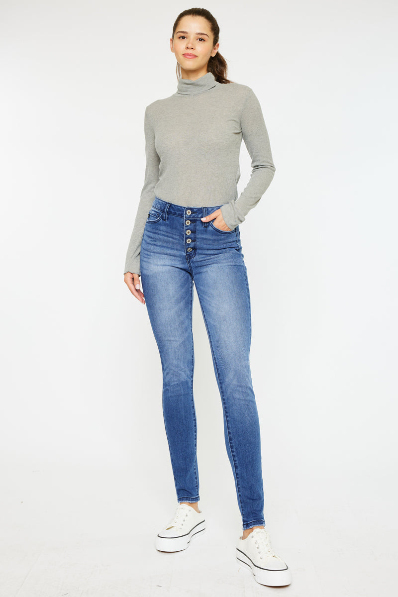 Kancan - Women's High Rise Button Fly Distressed Super Skinny Jeans - kc7113 - SaltTree