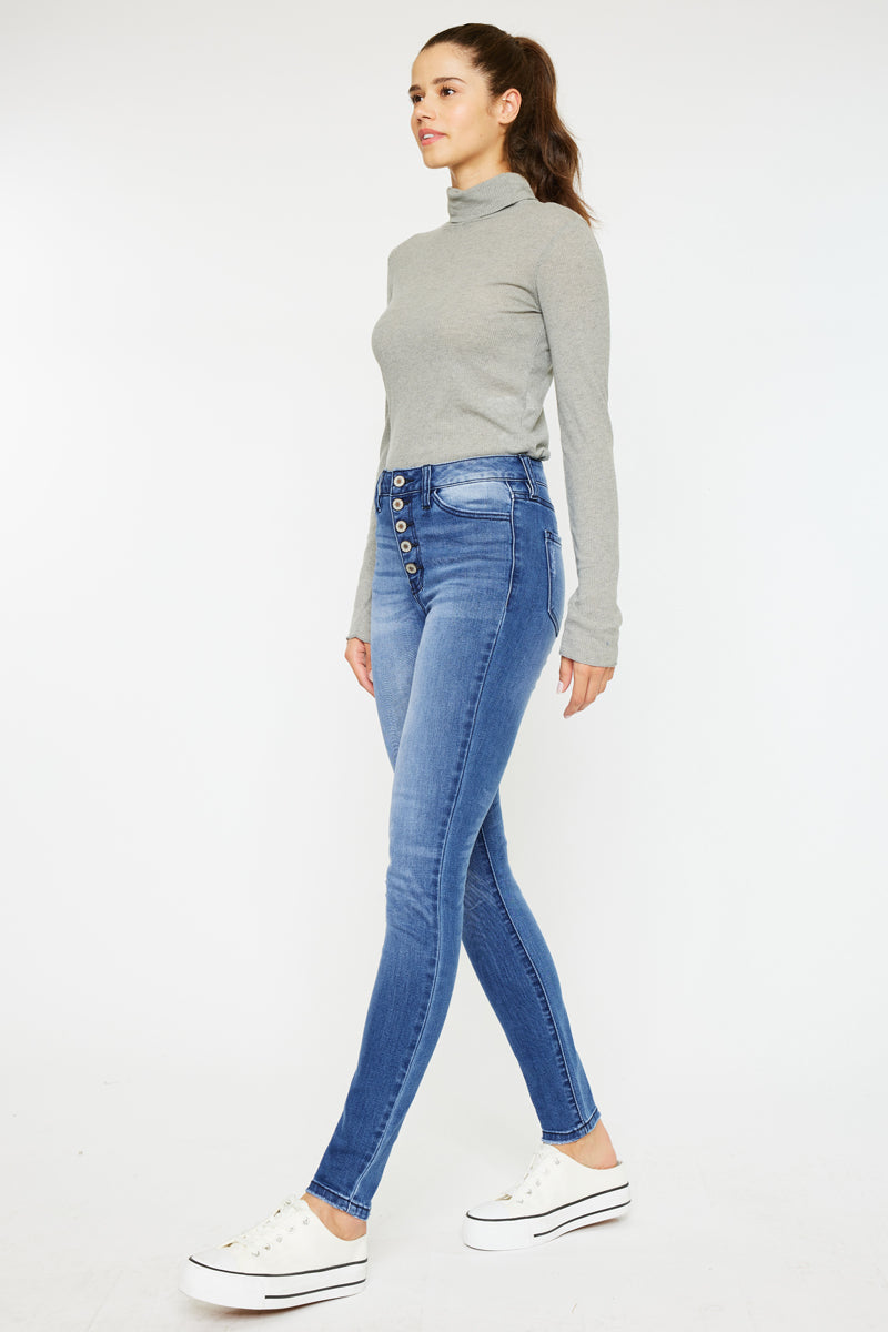 Kancan - Women's High Rise Button Fly Distressed Super Skinny Jeans - kc7113 - SaltTree