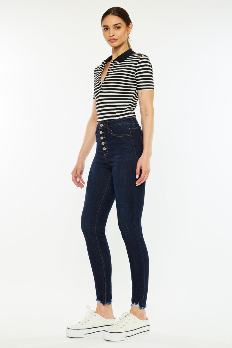 Kancan - Women's High Rise Button Fly Distressed Super Skinny Jeans - kc7273 - SaltTree