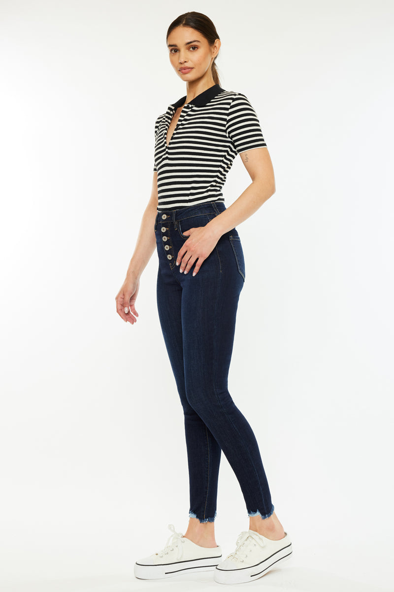 Kancan - Women's High Rise Button Fly Distressed Super Skinny Jeans - kc7273 ST - SaltTree