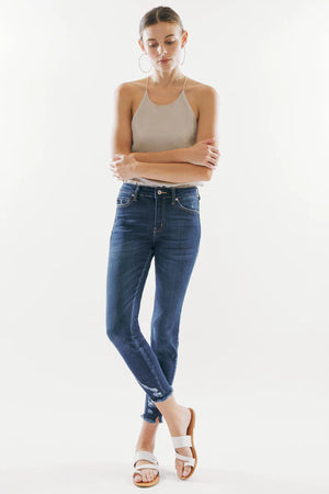 Kancan - Women's Mid Rise Distressed Frayed Hem Ankle Skinny Jeans - KC8555-NV