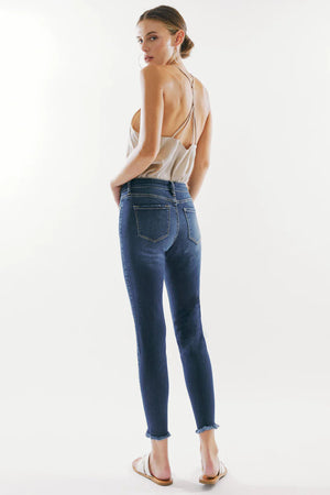 Kancan - Women's Mid Rise Distressed Frayed Hem Ankle Skinny Jeans - KC8555-NV